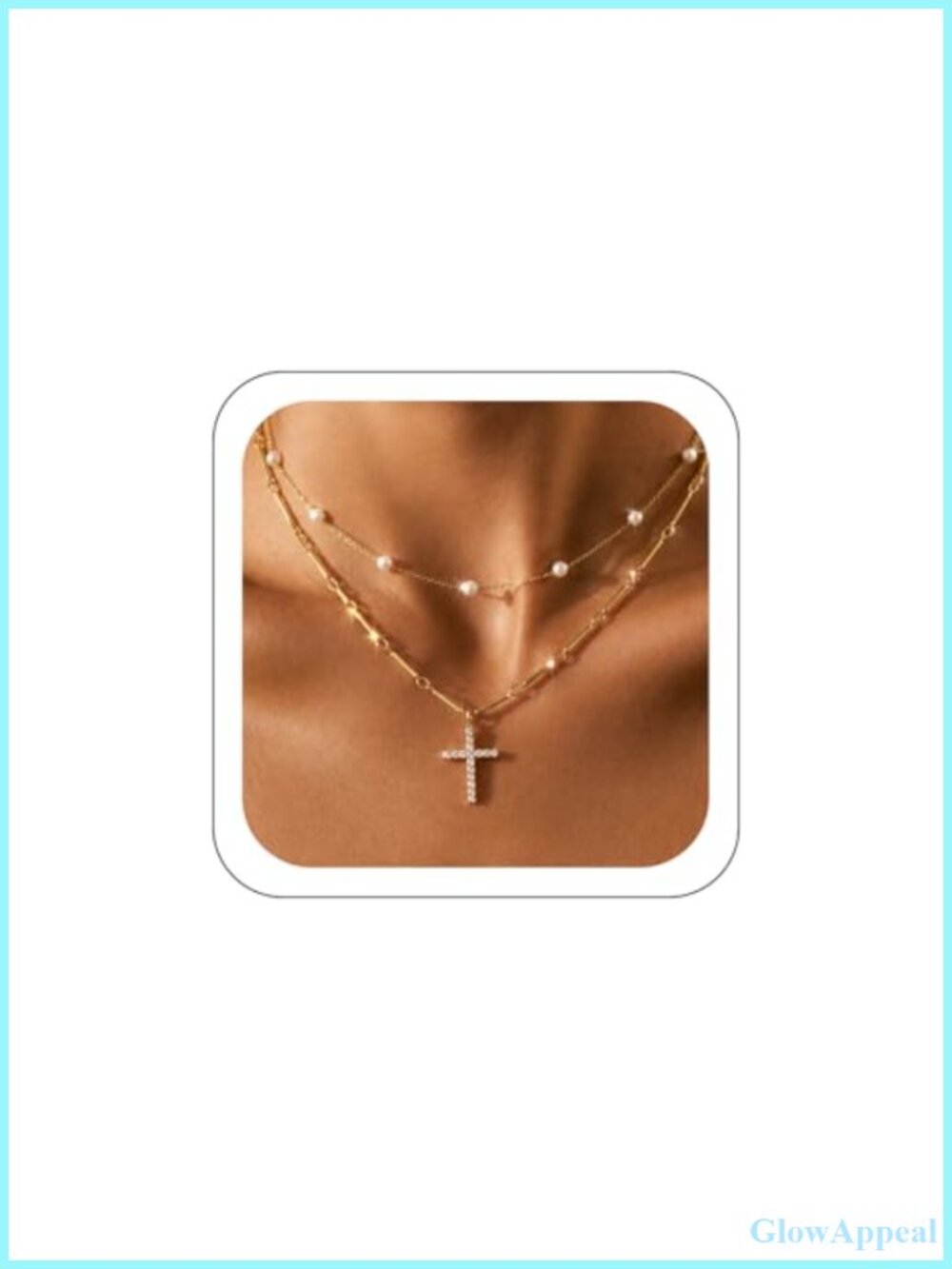 14K Gold Plated Layered Cross Necklace with Pearl Chain